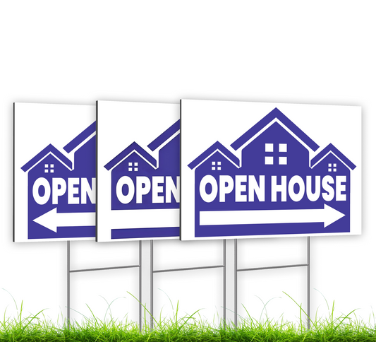 Set of 3 Double Sided 12x16 Inches Plastic Open House Signs with Metal H-Stakes